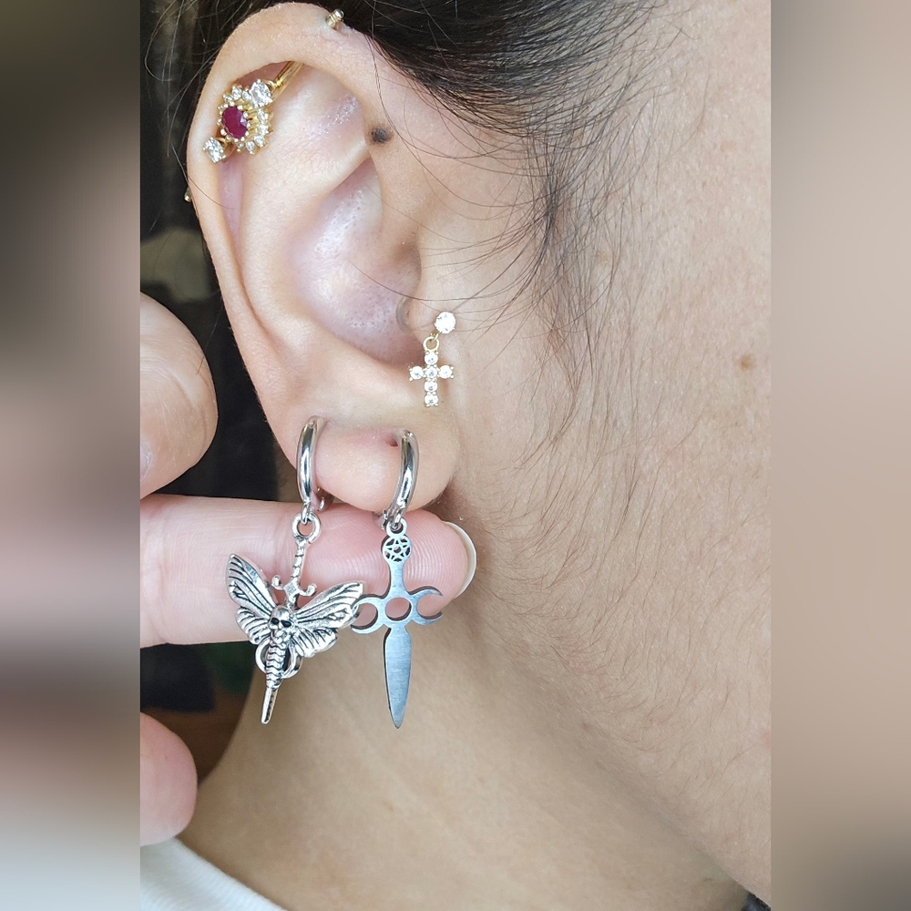 Gothic Stainless Steel Earrings Set | Dagger & Death’s Moth Charms | Witchy Stat